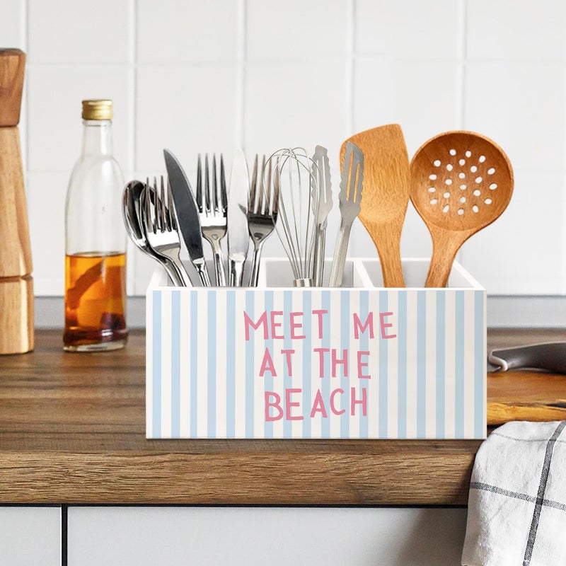 KBRCT Preppy Coastal Beach Wooden Utensils Holder, Coastal Kitchen Decor, Meet Me at the Beach Blue Striped Wood Cooking Utensil Holder Organizer for Kitchen Countertop Counter Decor - Image 5